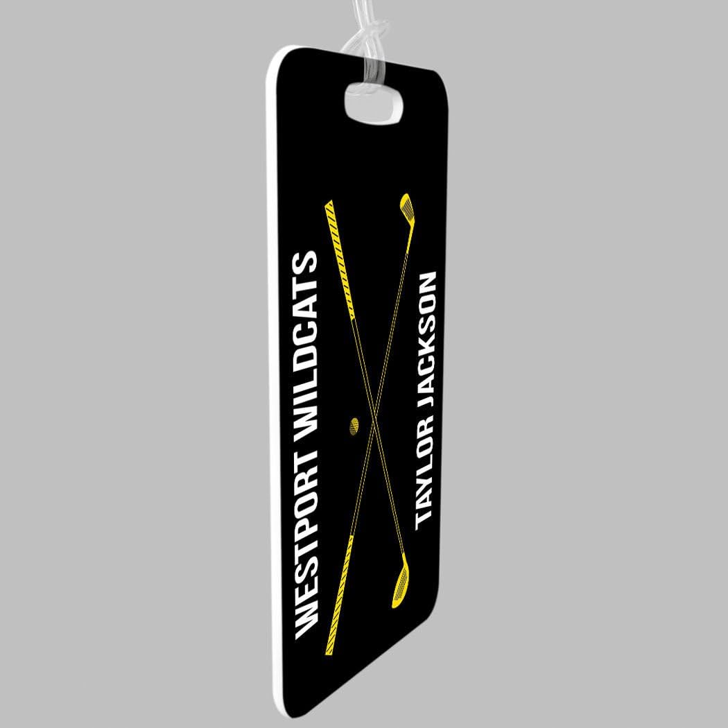 ChalkTalkSPORTS Golf Luggage & Bag Tag | Personalized Crossed Golf Clubs | Standard Lines on Back | Small | Black/Yellow