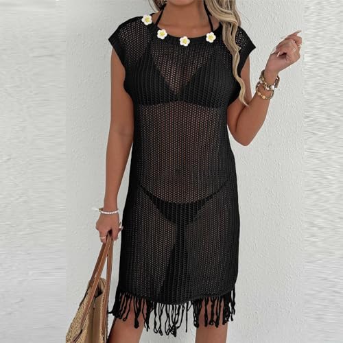 Pbawab Crochet Swimsuit Cover Up for Women Bathing Suit Cover Ups Sexy Knit Swimwear Coverups Cap Sleeve Beach Cover Up