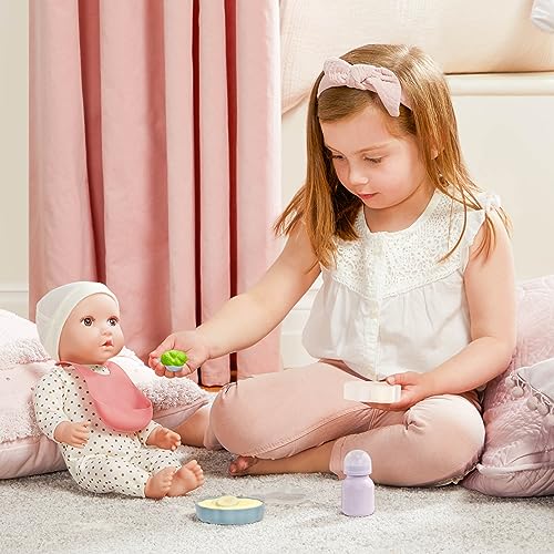 LullaBaby – Pretend Food Set – 10 Pieces Meal Time Accessories – Bib, Spoon & Cloud Food Container – 14-Inch Baby Doll Accessories – Pretend Play 2+ Years– Baby Doll Feeding Set