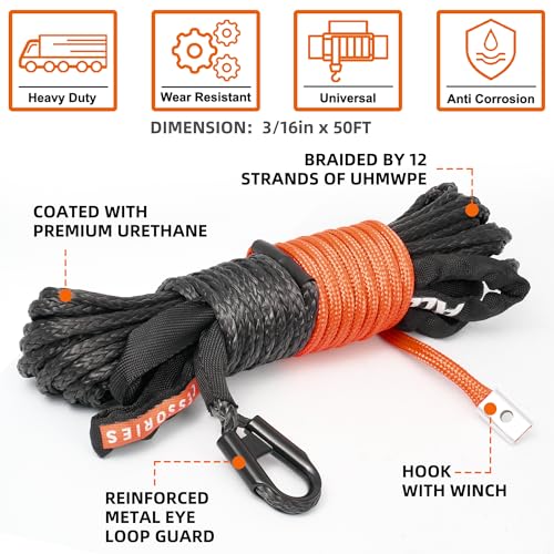 ALL-TOP Synthetic Winch Rope Cable, 3/16" x50ft, 8350LBS Winch Replace Line with Protective Sleeve for Offroad Vehicle ATV...