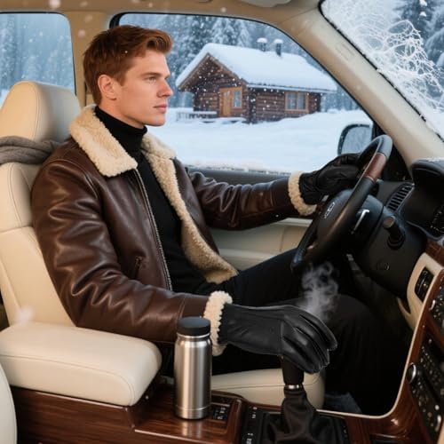 FIORETTO Men’s Chrome-Free Leather Gloves Winter – Touchscreen Driving Gloves with Warm Wool Lining M24001