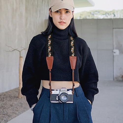 Padwa Lifestyle Camera Strap - 2" Full Grain Leather Ends Camera Straps for Photographers, Vintage Embroidered Cotton Weav...