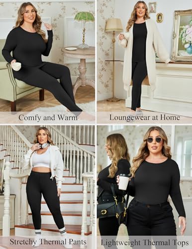 Ekouaer Women Plus Size Thermal Underwear Set Soft Long Johns Sets Light Fleece Lined Base Layer Top & Bottom Pajama Set
