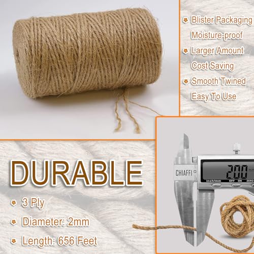 656 Feet 3Ply Jute Twine String, 2mm Natural Brown Thick Twine Rope for Crafts, Gardening, Tomato, Climbing Plant, Tie Flo...