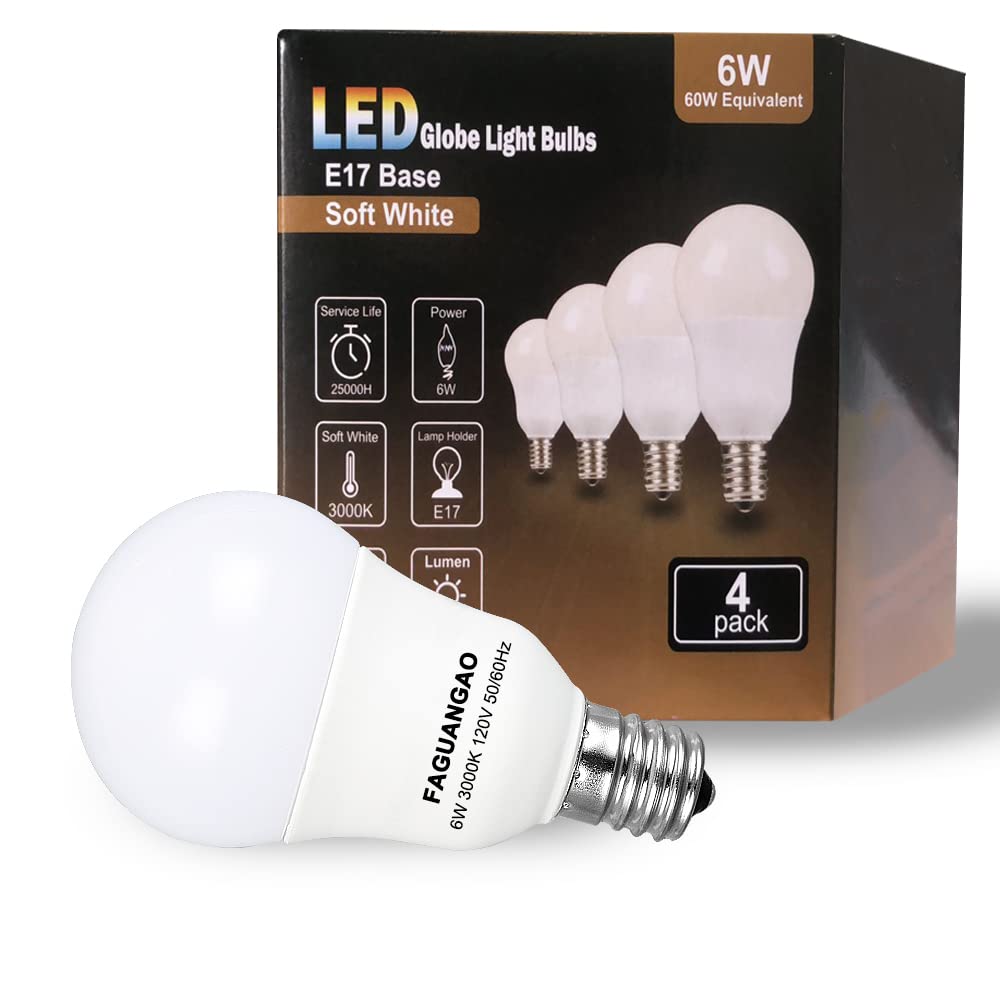 Faguangao E17 Led G14 Bulbs, 6W (60W Equivalent), 3000K Soft White, Plastic, Pack Of 4, Globe Light For Ceiling Fan &