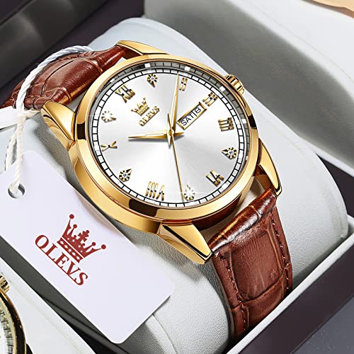 OLEVS Amazon Watches,Brown Leather Watch for Men,Men Day Date Watch,Men's Luminous Watch,Dress Watch for Men,Rose Gold Wat...