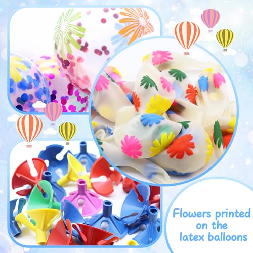 50 Pieces Flower Print Confetti Balloons 12 Inch Colorful Clear Floral Latex Balloon with Balloon Holder Sticks Spring Sum...