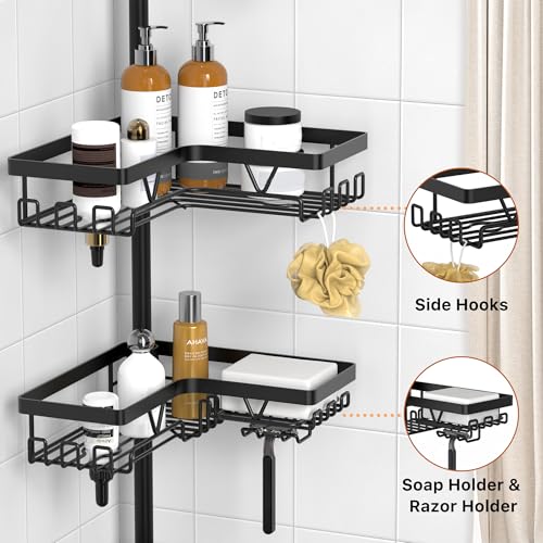 KEGII Corner Shower Caddy Tension Pole - Shower Tension Rod Organizer, Floor to Ceiling Shower Caddy 25-114.2 inch, Towel ...