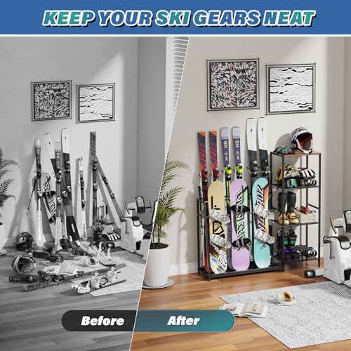 Lurgno Freestanding Snowboard Rack - 4 Pair Ski, 3 Pack Snowboard, Boot, Pole, Goggles, Helmet Rack for Garage, Shed, Base...