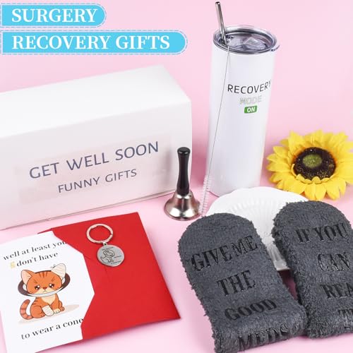6 Pcs Funny Get Well Soon Gifts for Women Men, 20oz Hospital Mug Funny Recovery Socks Hand Bell Keychain Greeting Cards Ge...