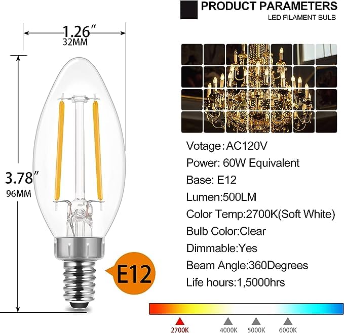 Energetic Led Candelabra Bulbs, Dimmable 60W Equivalent, Soft White 2700K, E12 Base, Glass, 24 Pack