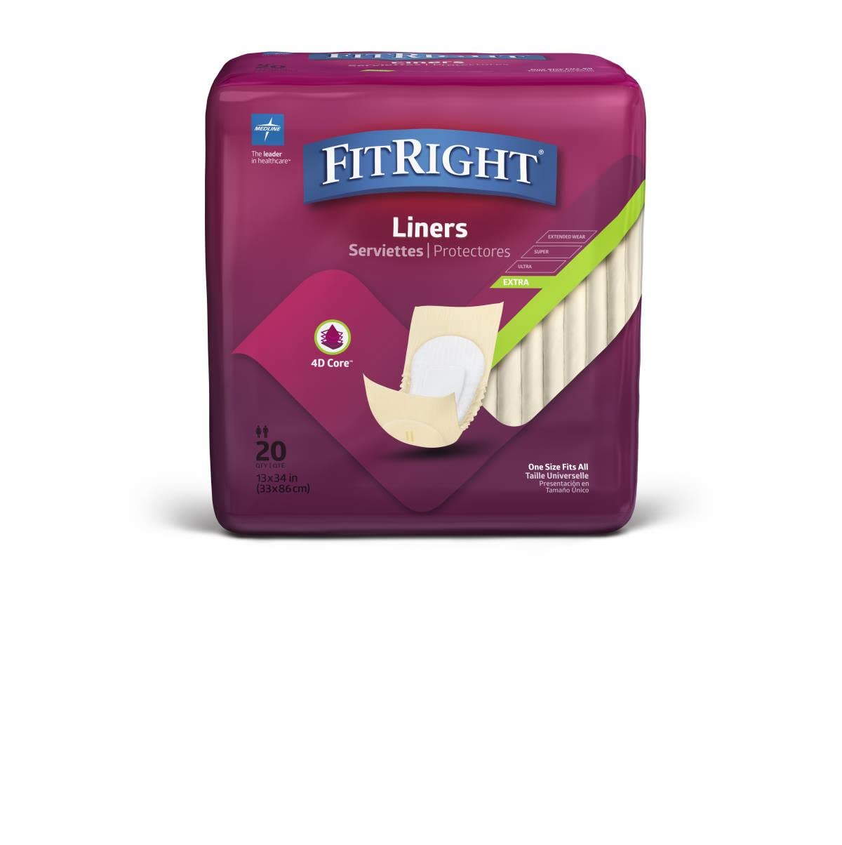 FitRight Extra Incontinence Liners, Moderate Absorbency, 13" x 34", 20 Count (Pack of 4)