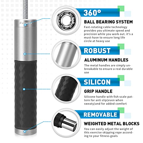 BURNCALO Weighted Jump Rope for Men, Women (1.5LB) - Alloy Steel Handles, Speed Skipping Rope, Gym,Indoor/Outdoor - Fitnes...