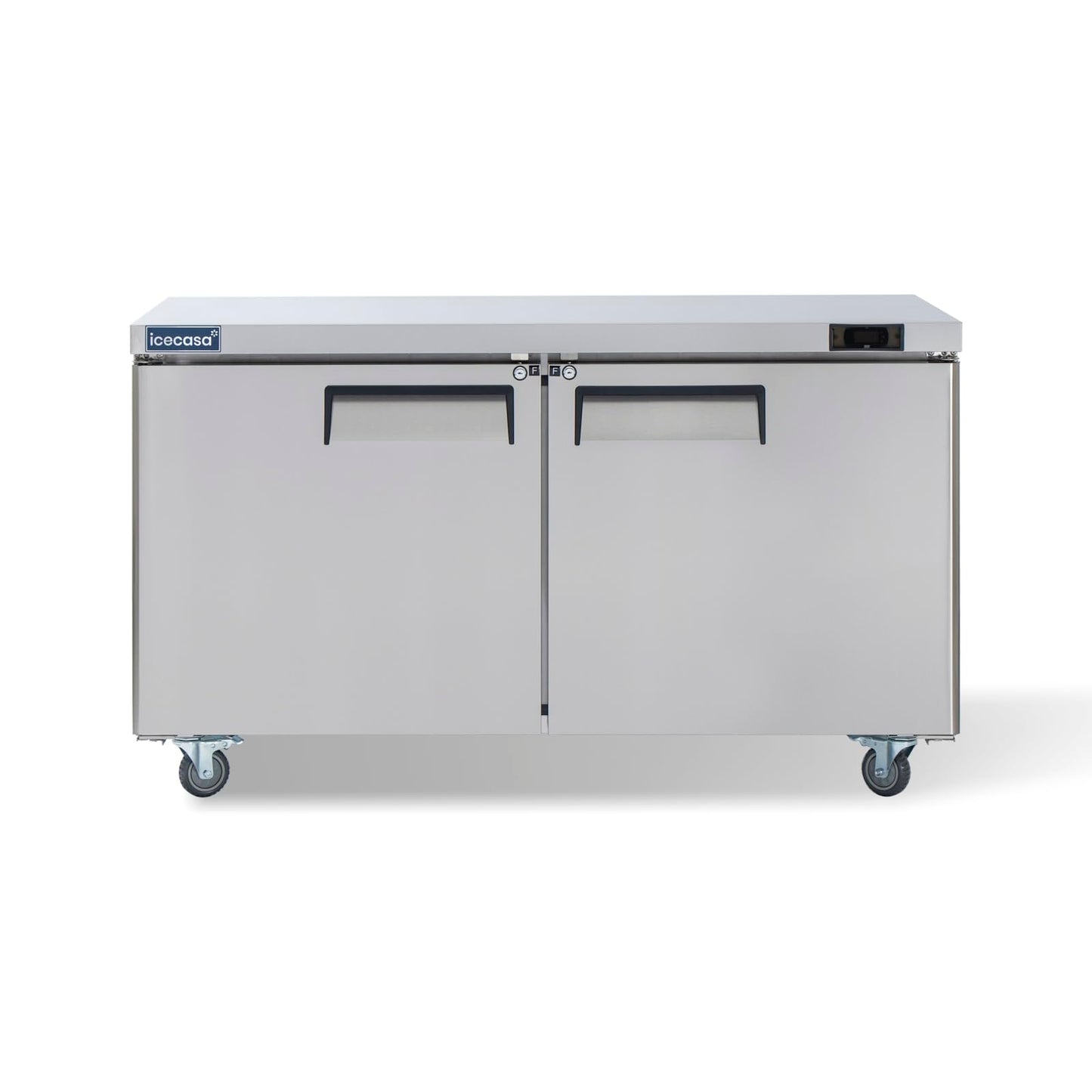 ICECASA 60" W Commercial Freezer Worktop Undercounter Double Door Stainless Steel Counter Fan Cooling Freezer 16.4 Cu.ft for Restaurant, Bar, Shop, etc