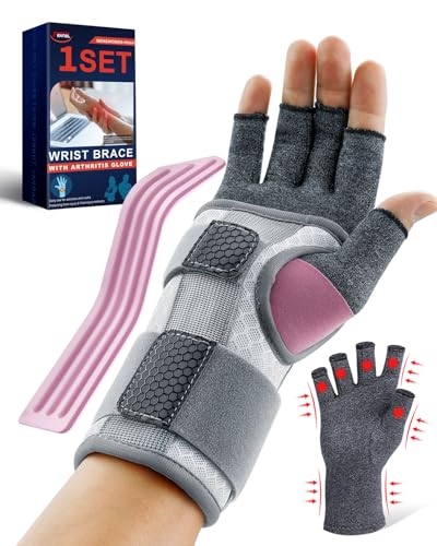 FEATOL Compression Arthritis Glove with Wrist Brace, Comfortable Fingerless Carpal Tunnel Hand Gloves for Women Night Supp...