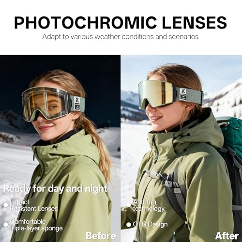 KAPVOE Ski Goggles Photochromic & Color - Anti-fog UV400 Protection Magnetic Lenses OTG Helmet Compatible for Men Women K721