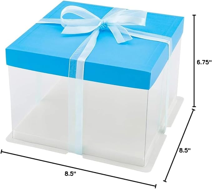 Restaurantware Sweet Vision 8.5 Inch x 6.75 Inch Transparent Cake Boxes, 10 Grease Resistant Base Clear Cake Boxes - Blue Lid, Blue Ribbon, Plastic Birthday Cake Boxes, For Weddings Or Birthdays