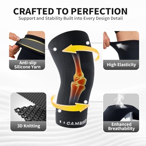 CAMBIVO Knee Brace for Women and Men (2 Pack), Ultra-Thin Lightweight Knee Compression Sleeve (Black, Large)