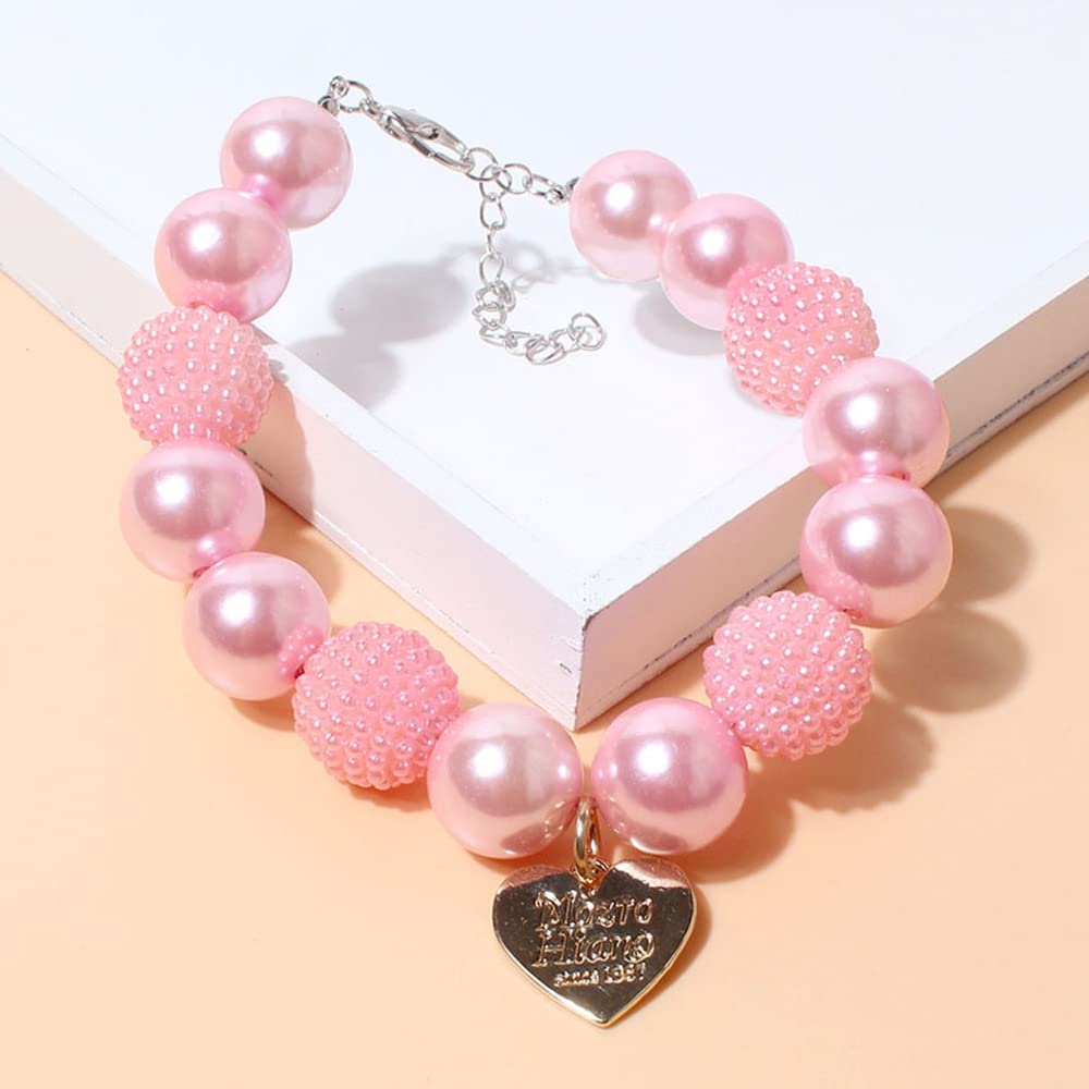 RayMinsino Cute Teddy Dog Pearl Necklace Pink Heart Pendant Pet Collars Dog Clothing Accessories Small and Medium-Sized Dog Collars (9.8-12.6in)