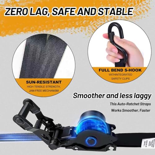 1800LB Retractable Ratchet Straps with Soft Loops(4 Pack), 1" x 12FT Heavy Duty Auto Self Retracting Tie Down Straps for T...