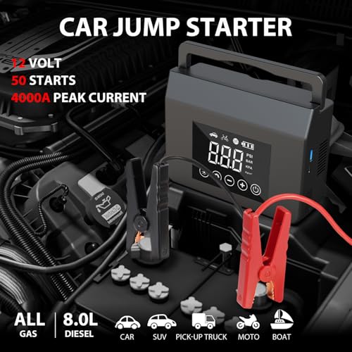 Jump Starter with Air Compressor, 4000A Car Battery Jump Starter(ALL Gas/8.0L Diesel) with 150PSI Tire Inflator 12V Car Ba...