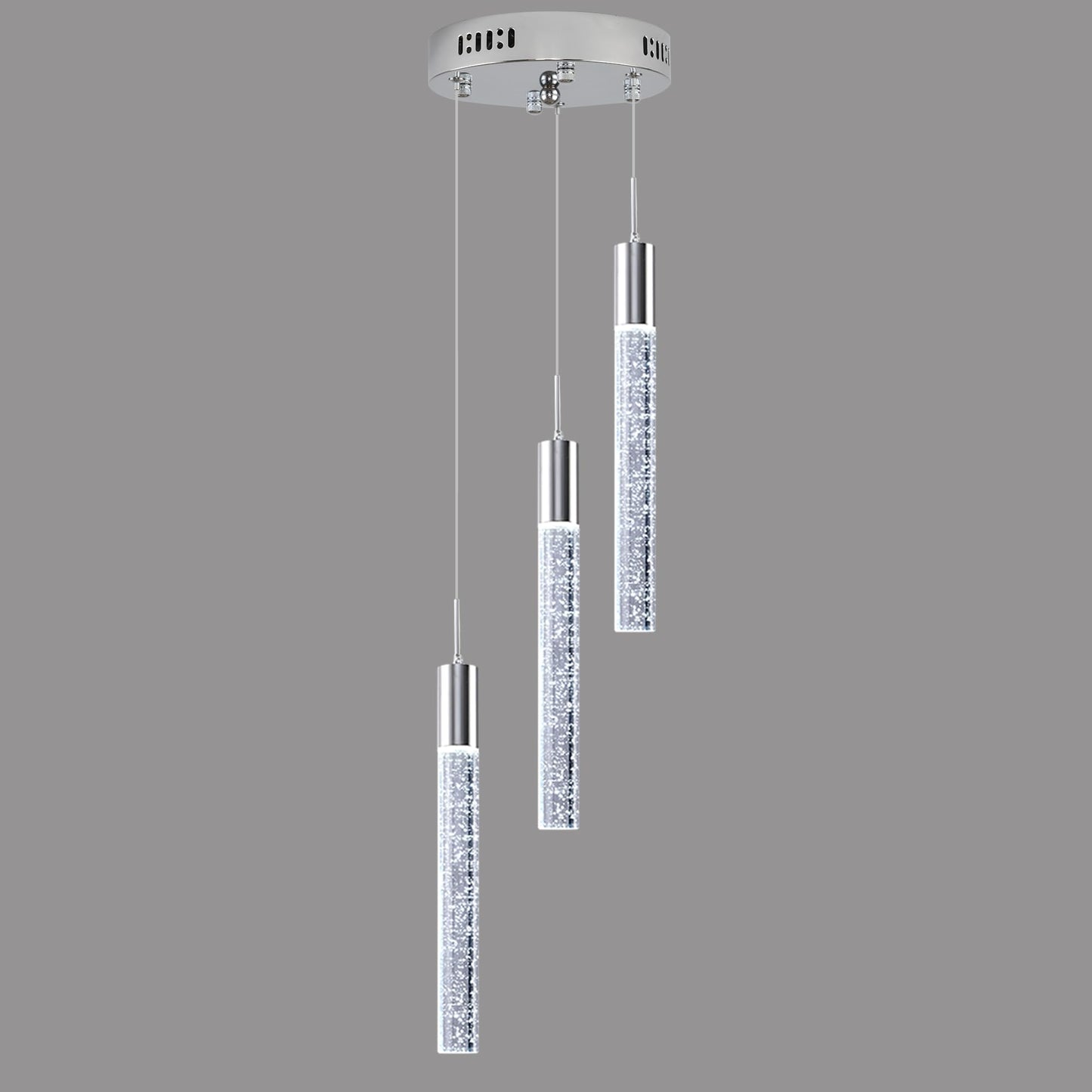 Upfelw Modern Crystal Chandelier, 3-Light LED Pendant Light, Remote Control, Chrome, Model UCC-S07-1212