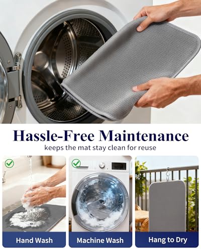 Kitsure Dish Drying Mat - 2-Pack Washable Microfiber Drying Mat for Kitchen Counter, 3-Layer Ultra Absorbent Pad with a Ha...