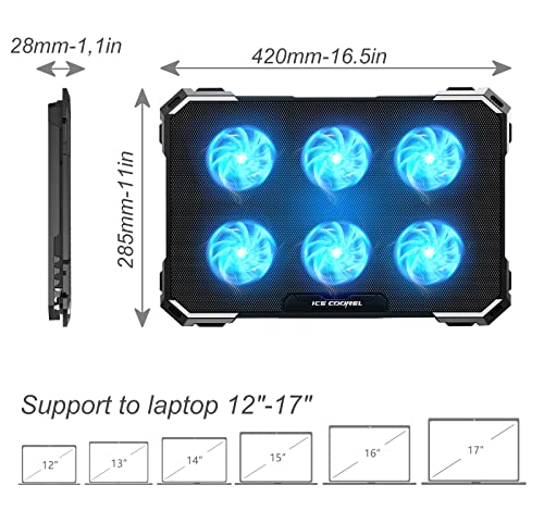 ICE COOREL Laptop Cooling Pad with 6 Cooling Fans, Cooling Pad for Laptop Fan 13-15.6 Inch, Laptop Cooler Stand with 6 Hei...
