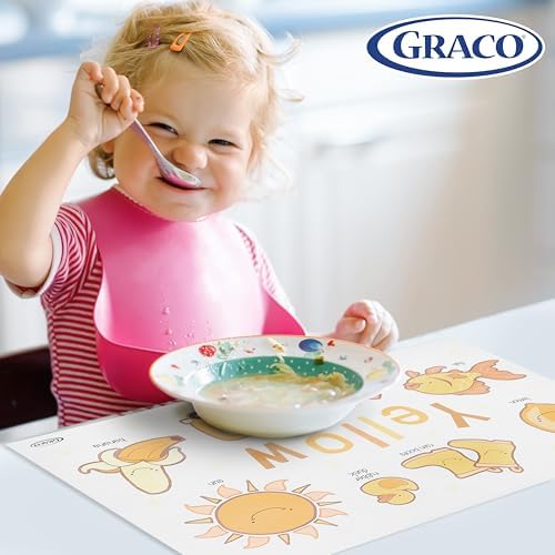 Graco Baby Disposable Stick-On Placemats, 4 Subtle Designs (10 Each), 12"x18" Sticky Placemats with Adhesive Strips for Baby Led Weaning, Home & Restaurant Use, Eco-Friendly