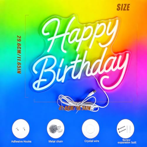 Mvorixa Happy Birthday Neon Sign for Wall Decor, LED Happy Birthday Light Up Sign, Dimmable Birthday Sign for Birthday Par...