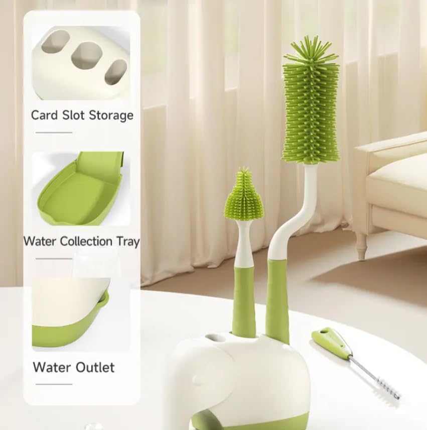 360° Rotating Silicone Bottle Cleaning Brush Set, Includes Baby Bottle Brush, Nipple Cleaner, Straw Brush and Drying Stand. (Green)