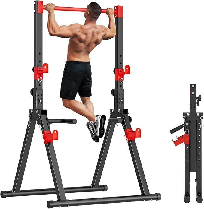 SogesHome Power Tower Dip Station Pull Up Bar for Home Gym, Adjustable & Foldable Multifunction Fitness Workout Station wi...