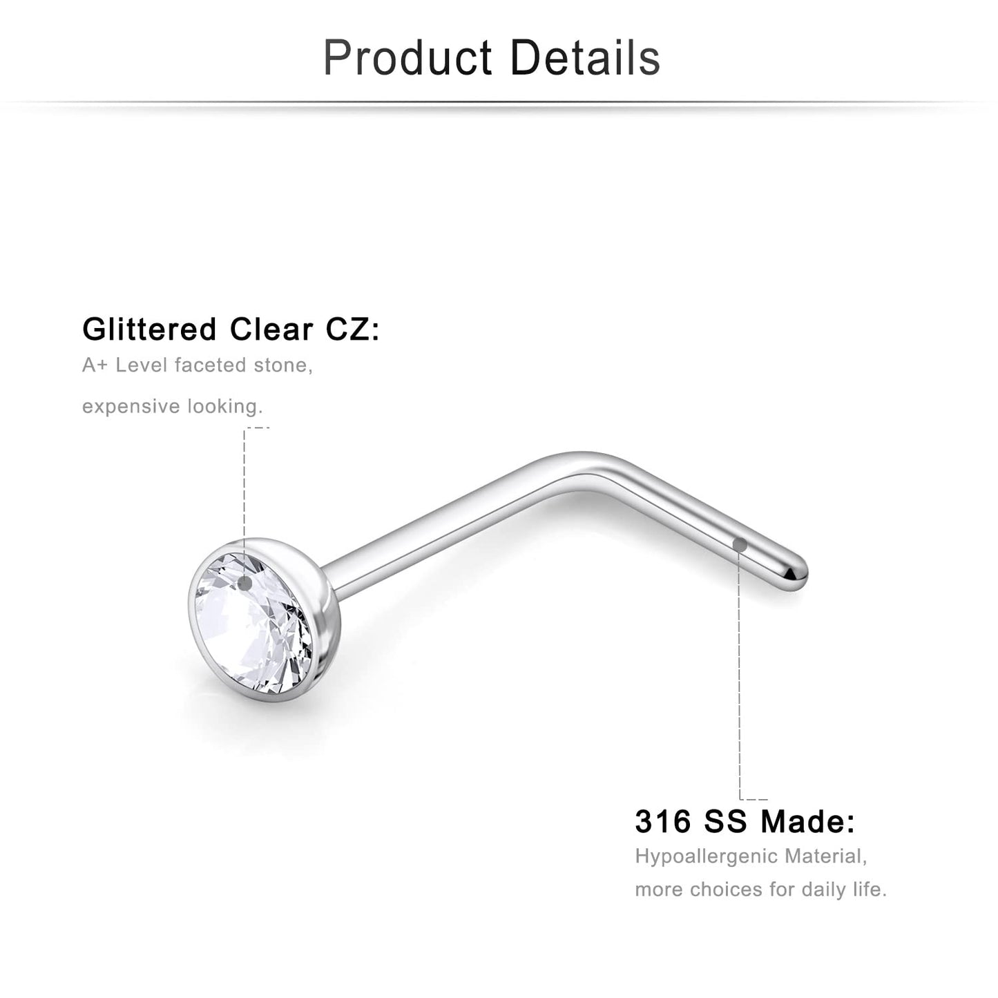 Cisyozi 18G Nose Rings Stud Piercing Jewelry for Women 18 Gauge Stainless Surgical Steel Nose Ring L Shaped Bend Nose Ring stud