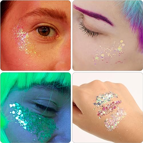 Noctilucent Face Gems, 12Pcs Luminous Face Jewels Rhinestones Stickers and 15g Chunky Glitter Glow in The Dark for Face Ey...