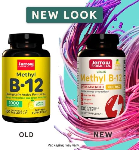 Jarrow Formulas Methyl B-12 1000 mcg - 100 Chewable Tablets, Lemon - Pack of 2 - Bioactive Vitamin B12 - Supports Energy Production, Brain Health & Metabolism - Gluten Free - 200 Total Servings