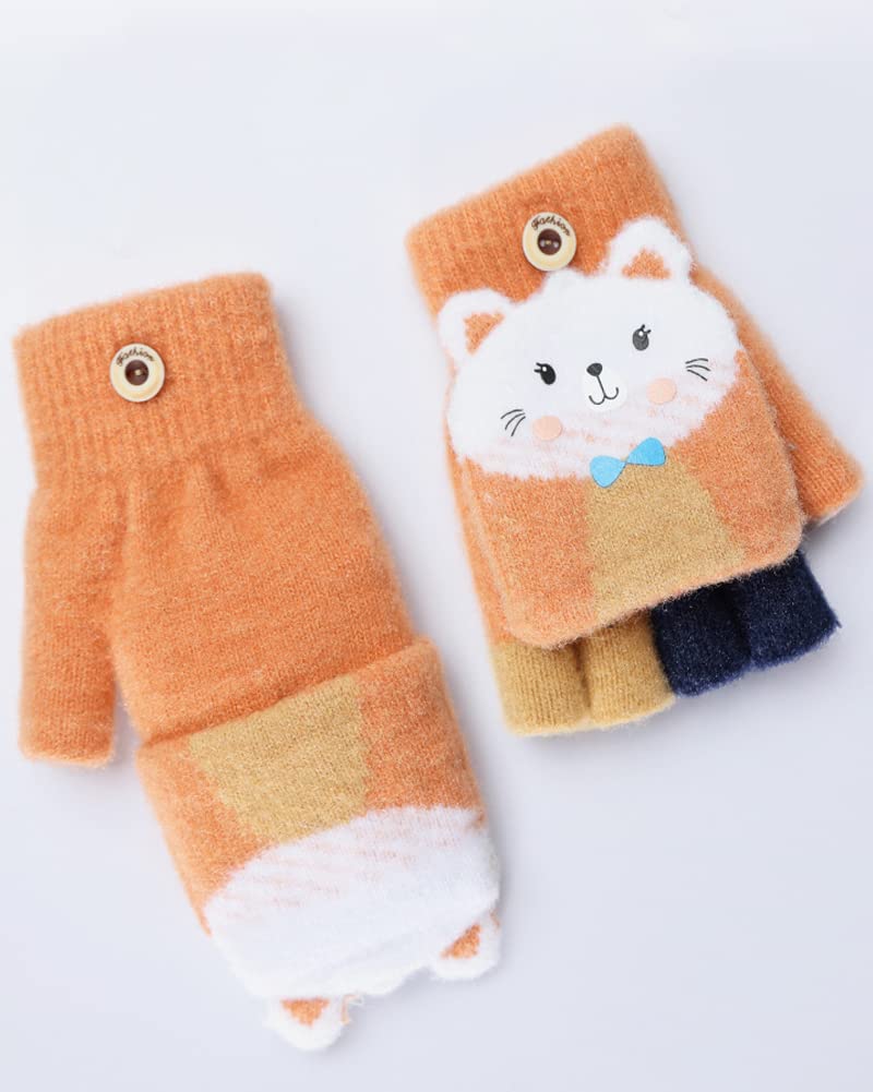 Cartoon Convertible Flip Top Gloves Toddler Kids Winter Wool Knit Fingerless Gloves with Mitten Cover for Girls Boys 2-15 Yrs (Pink Cat Kitten, For Girls boys 4-12 Years)