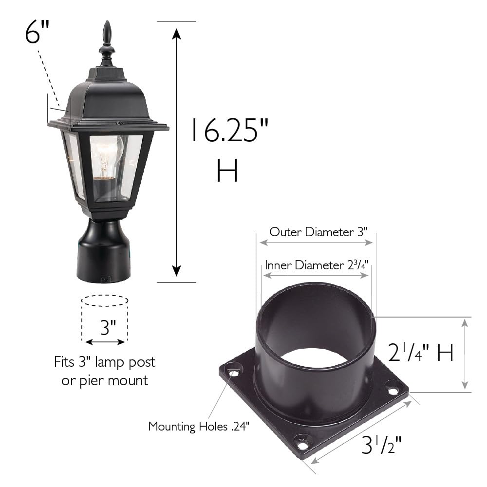 Design House Maple Street Outdoor Post Top Light With 3-Inch Pier Base Mount Fitter  Black  590307