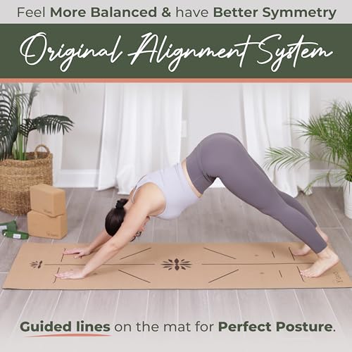 Y O Gayo Premium Yoga Cork Mat | 5mm Thick Natural Tree Rubber Base and Bigger Mat for Extra Support, Alignment lines for ...