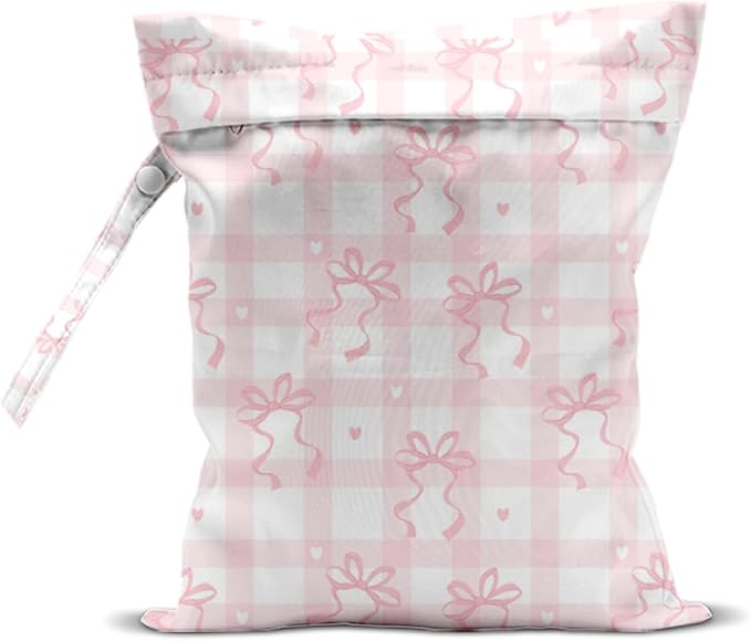 Wet Bag for Swimsuit, Beach Travel Essentials Wet Dry Bag, for Sunscreen Toiletry Dirty Clothes Yoga Gym Diaper, Friends Summer Beach Vacation Gifts. Pink and white checkered bow
