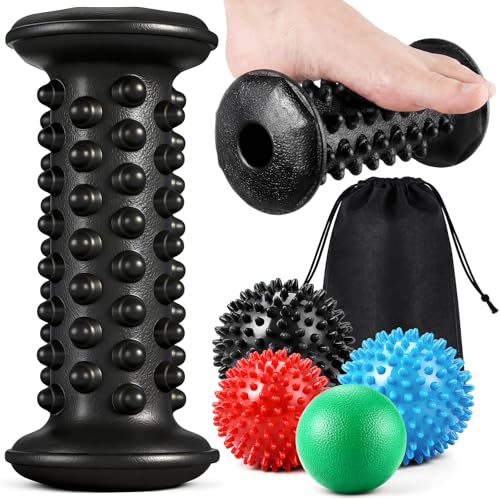 Lewtemi Massage Ball and Foot Roller, 3-in-1 Set with Spiky Ball Lacrosse Balls Massage Roller Carrying Bag, Foot Massager...