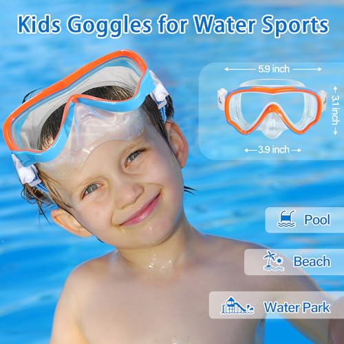 Freela Kids Swim Goggles Diving Mask for Youth 6-14, Tempered Glass Lens, 180° HD View Goggles with Nose Cover for Pool Beach