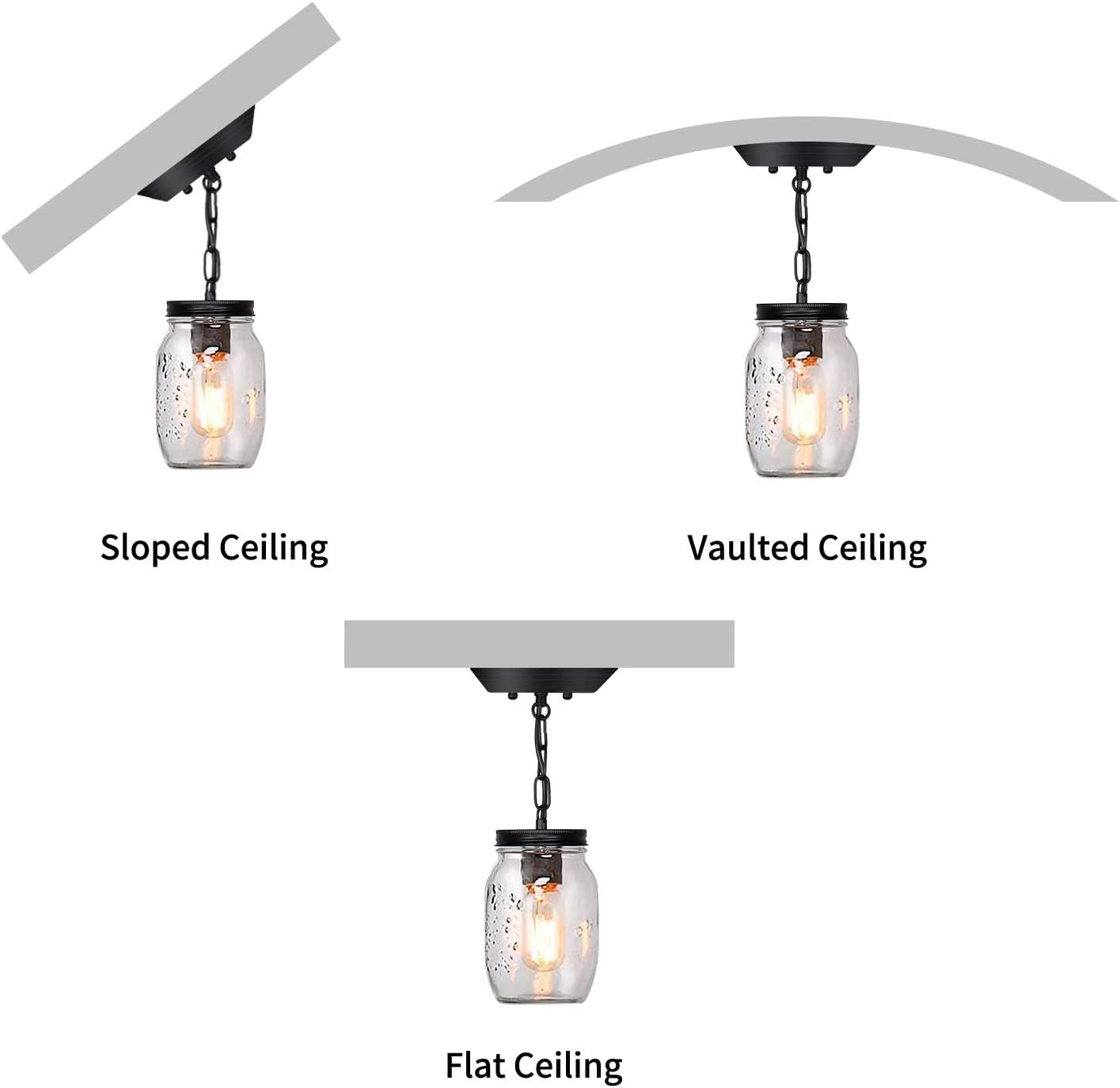 PUZHI HOME Glass Mason Jar Pendant Light Fixture, 1-Light, Metal, Black, Ideal for Kitchen, Dining Room, Hallway, Model 3
