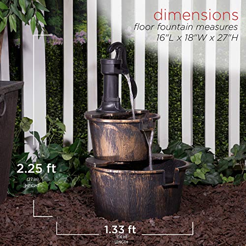 Alpine Corporation 27" Tall Rustic Outdoor 2-Tier Barrel Pump Water Fountain with Soothing Cascading Water Flow for Patio,...
