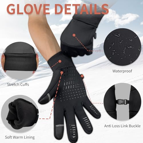 HOPSOOKEN Winter Gloves for Men Women Touch Screen Waterproof Fleece Warm Windproof Thermal Gloves for Running Cycling Dri...