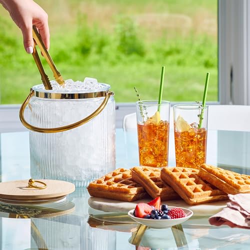 Le'raze Glass Ice Bucket with Airtight Lid, Tong Scooper and Handle - 3L Ribbed Beverage Tub Cocktail Home Bar Accessorie...