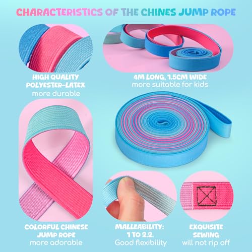 Yeavinfser Chinese Jump Rope - 4m Long Rainbow Elastic Rope with Instruction, 1.5cm Wide French Skipping, Fun Sports Toy f...