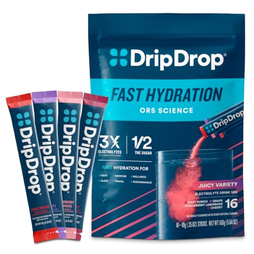 DripDrop Hydration Packets - Juicy Variety Pack - Single Serve Electrolytes Powder Drink Mix - Grape, Fruit Punch, Strawbe...