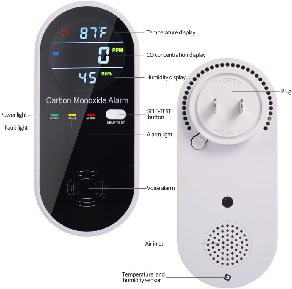 Carbon Monoxide Detectors, Carbon Monoxide Detector Plug in with Temperature Humidity Sensor Built-in, CO Level Monitor Alarm with Clear LCD Display Sound & Light Warning for Home/Hotel/RV