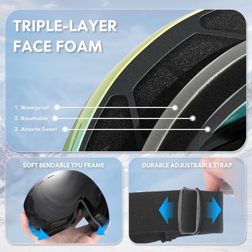 DADA-PRO Ski Goggles Men Women Snowboard Goggles Over Glasses OTG Anti Fog Snow Goggles Frameless 100% UV Protection