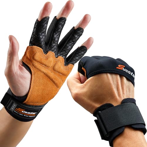 SueStar Workout Gloves, Heavy Duty Cowhide Padded Weight Lifting Gloves with Wrist Support, Full Palm Protection & Silicon...